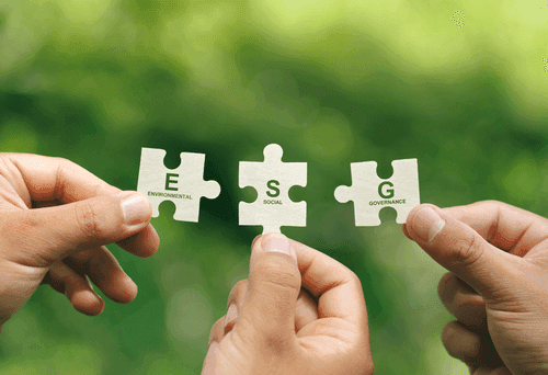 Desafios ESG - Peças de quebra-cabeça com as letras E, S e G